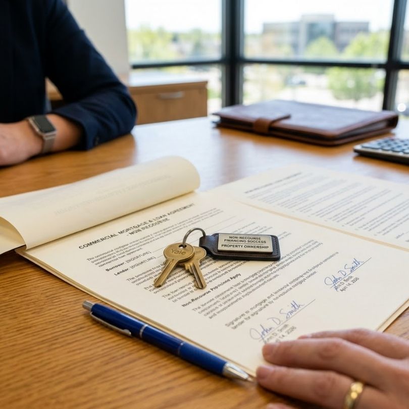 House keys on loan documents representing successful non-recourse financing and property ownership.