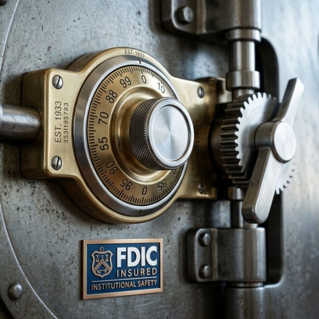 Close-up of a secure vault lock symbolizing FDIC insurance and institutional safety.