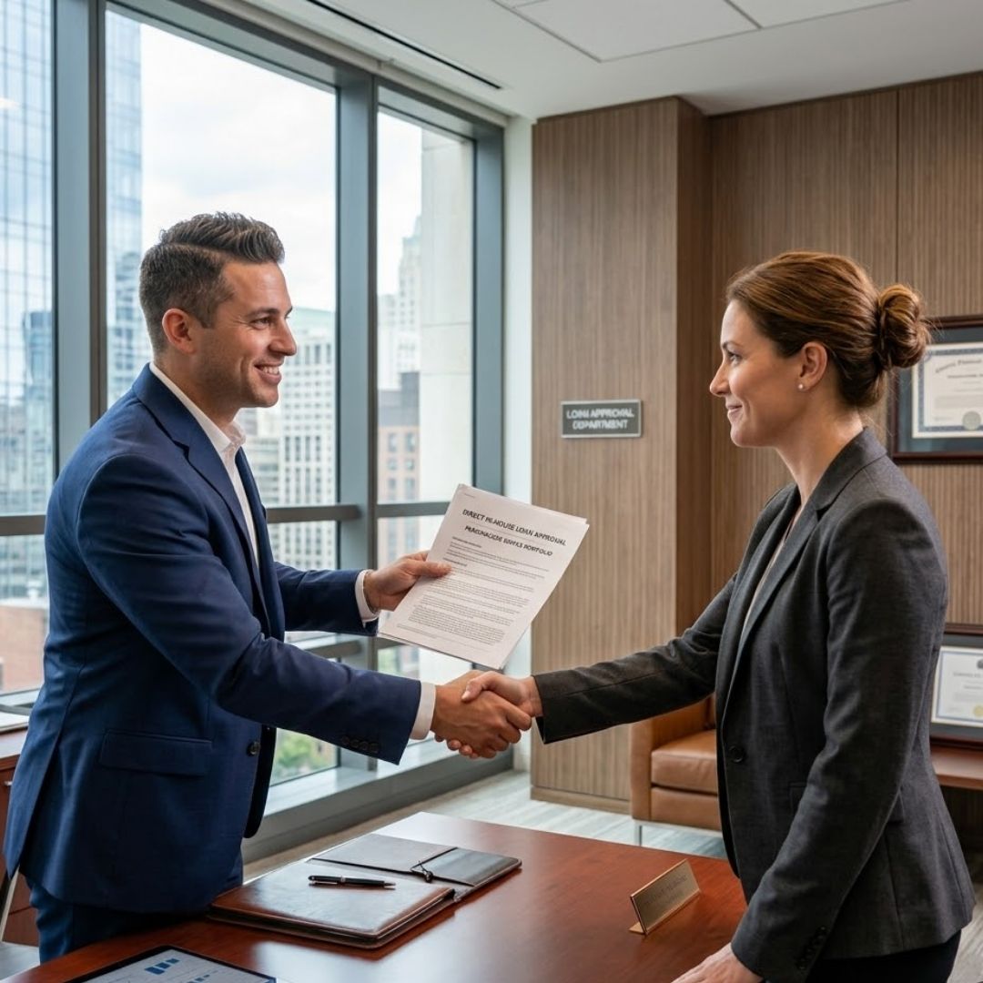 Professionals shaking hands in an office representing direct in-house loan approval and personal service.