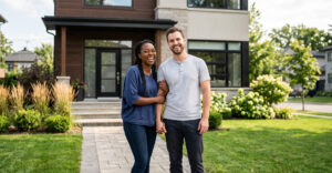 A smiling diverse couple stands happily in front of a modern suburban home.