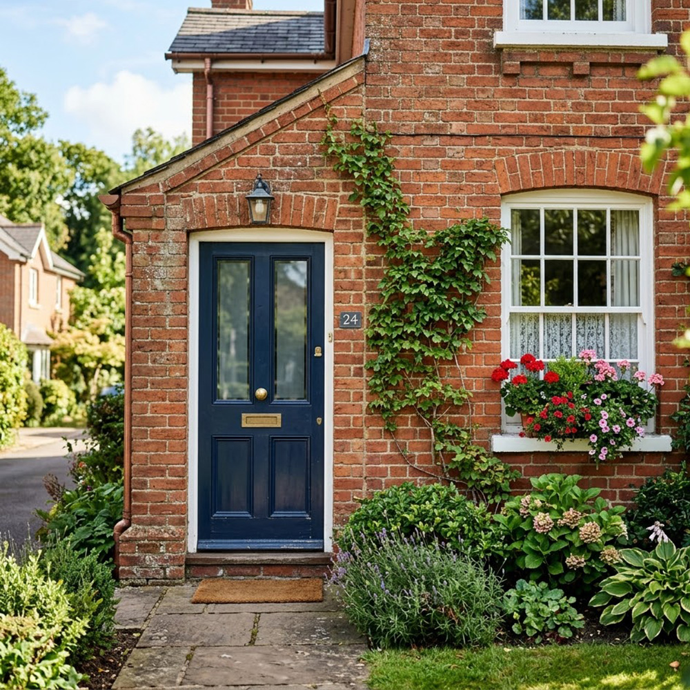 A detailed close-up of a well-maintained traditional brick single-family house exterior on a sunny day.