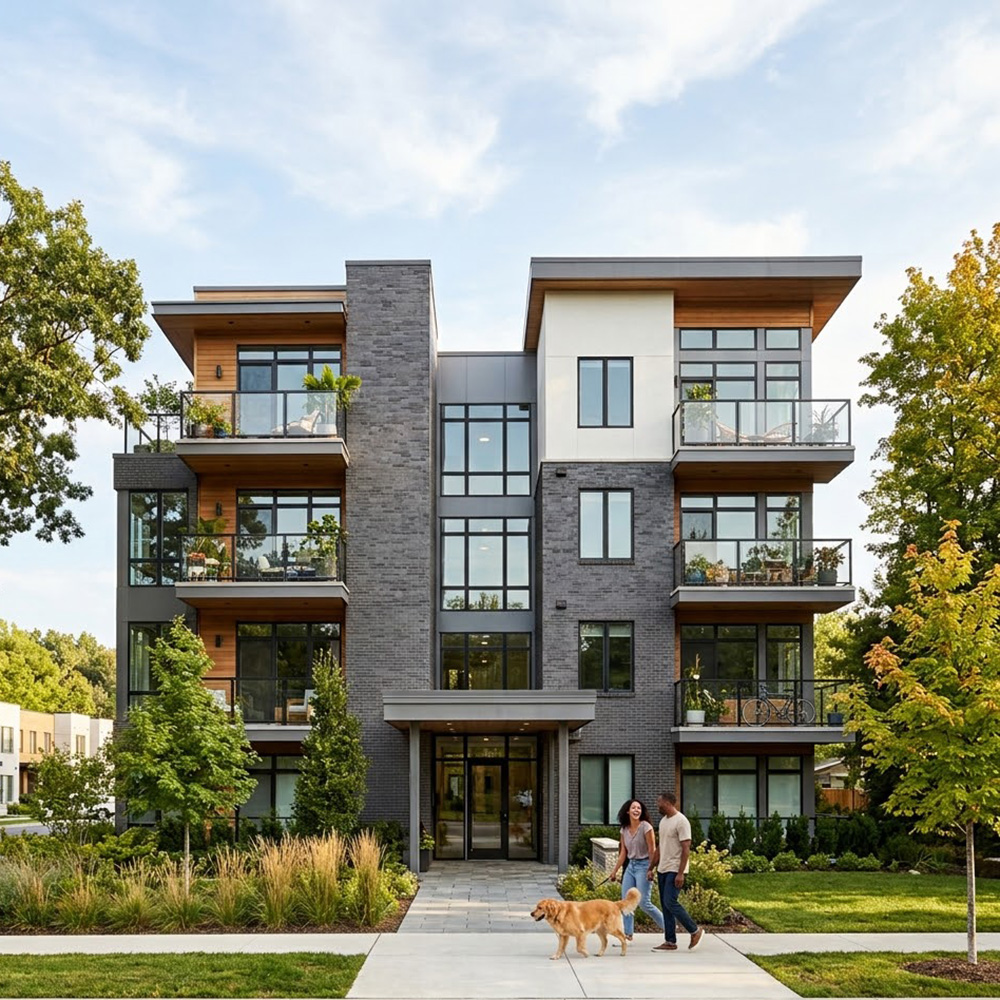 Exterior view of a modern multi-family apartment complex.