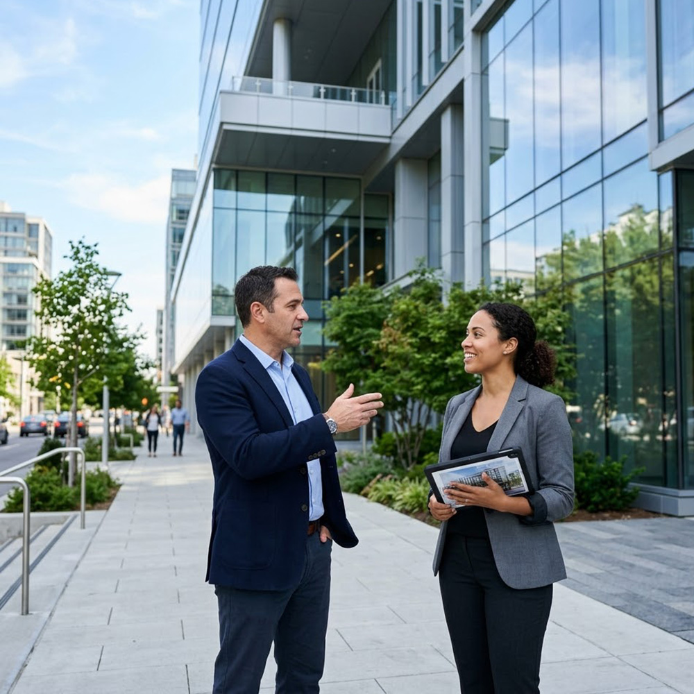 Two business professionals stand on a sidewalk discussing a modern commercial building.