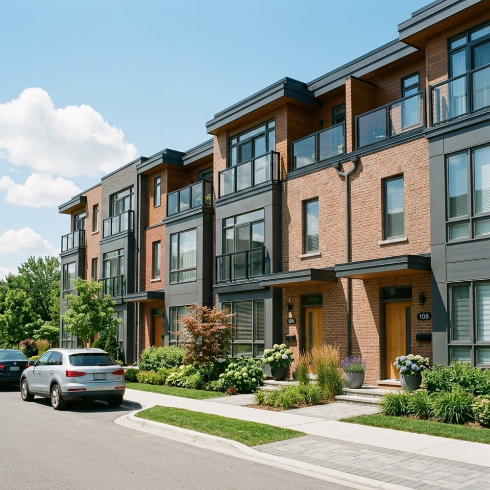 A row of neatly designed modern residential townhomes under a sunny sky.