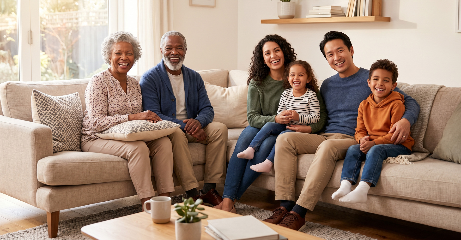 A diverse multigenerational family smiles together on a comfortable sofa in a well-lit living room.