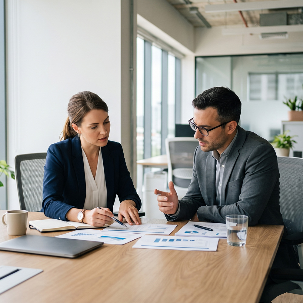 Two focused professionals discussing paperwork in a modern, sunlit office.