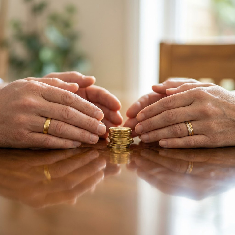 Two hands with wedding bands gently cup and protect a small stack of gold coins on a glossy, reflective surface.