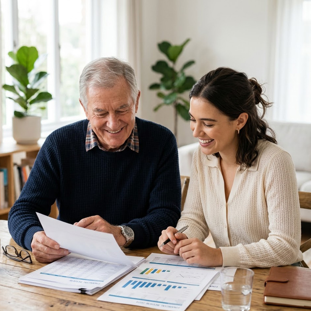 A senior man and a younger woman smile as they review financial planning documents together in a comfortable, bright room.