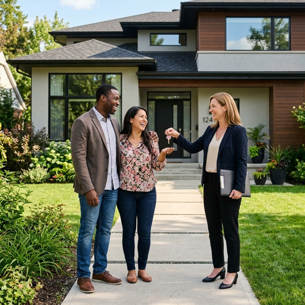 A diverse couple with a smiling real estate agent outside a modern, suburban home on a sunny day.