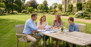 A multi-generational family discusses estate planning documents while relaxing on their expansive property lawn.