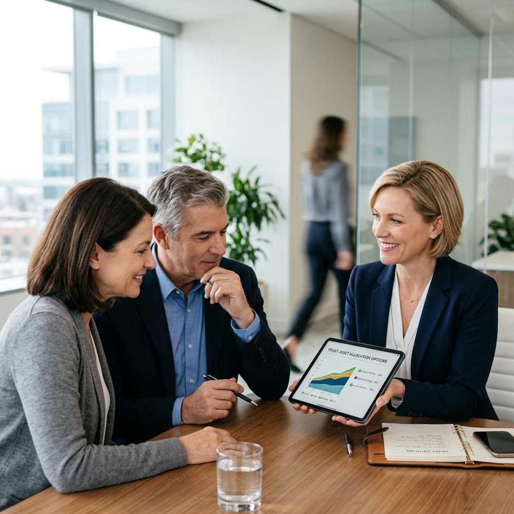 A professional female financial advisor presents trust asset allocation options to a client using a tablet in a bright office.