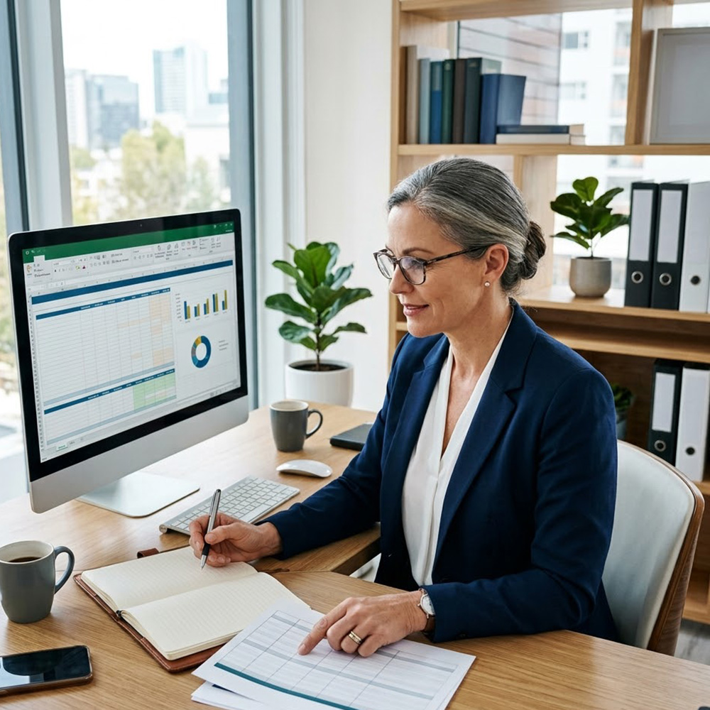 A professional trustee analyzing complex trust assets and spreadsheets.