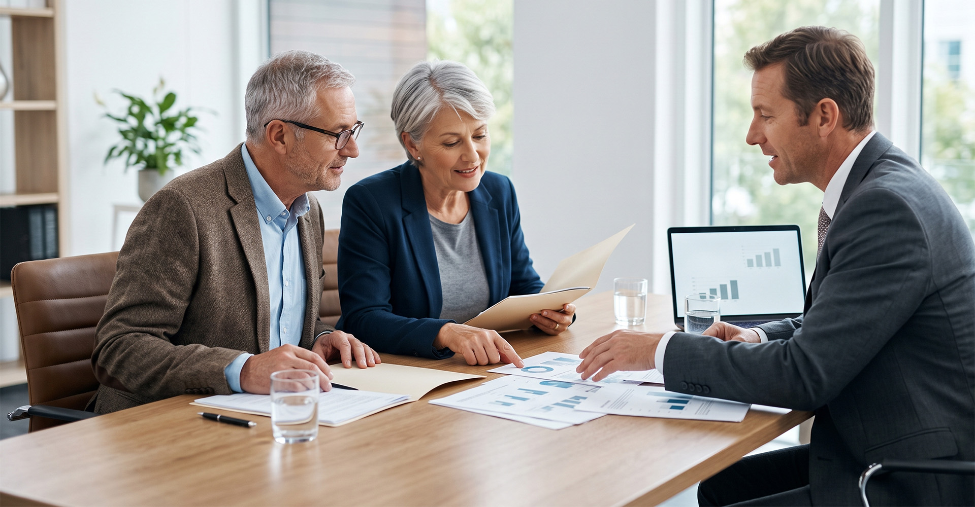 Mature couple discussing financial planning documents with a professional advisor.