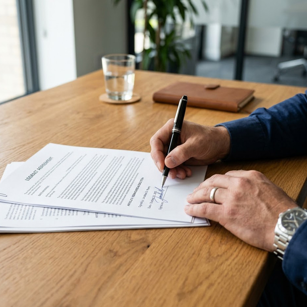 Hands signing detailed legal documents on a clean wooden desk.