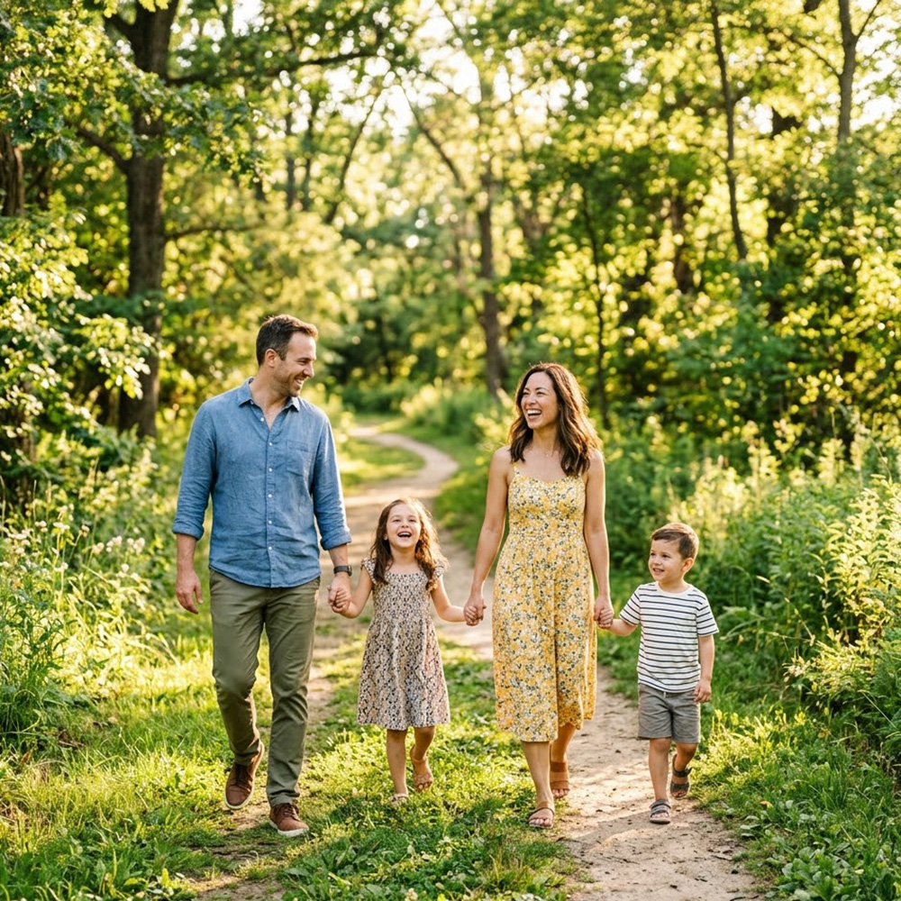 Happy family walking together in a sunlit green park.