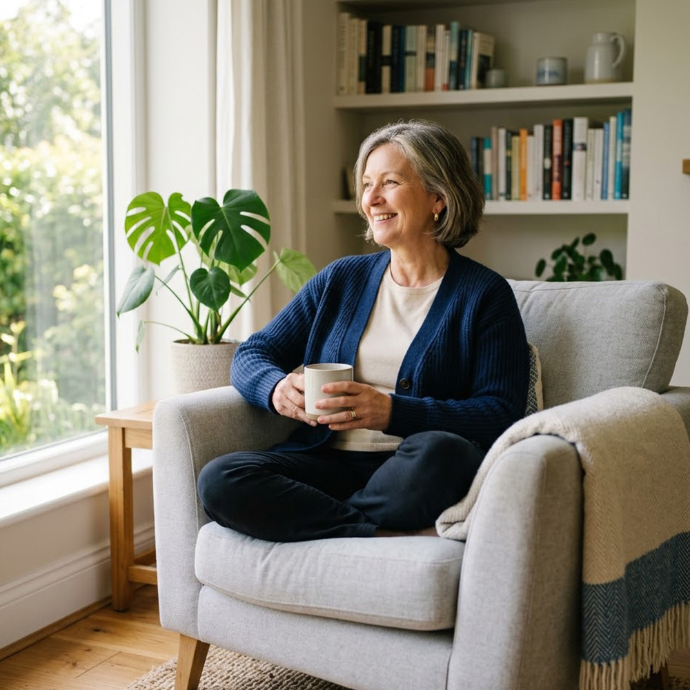 Mature woman relaxing comfortably in a well-lit living room.