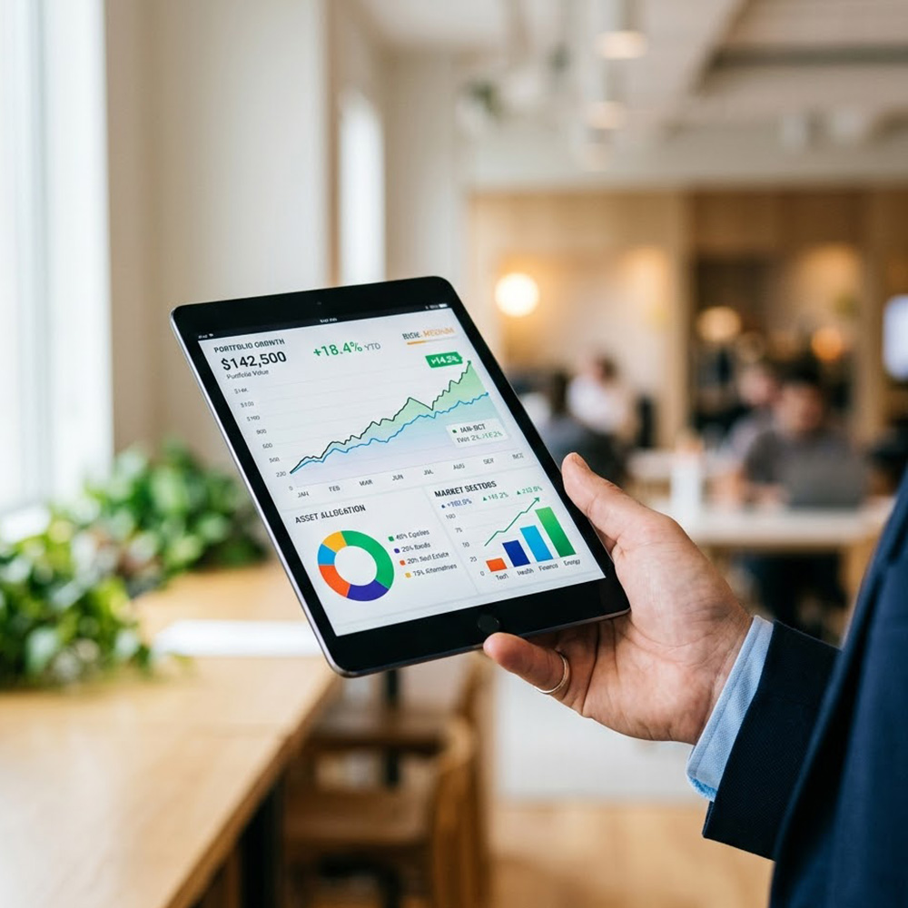 Hand holding a tablet displaying diverse financial investment graphics.